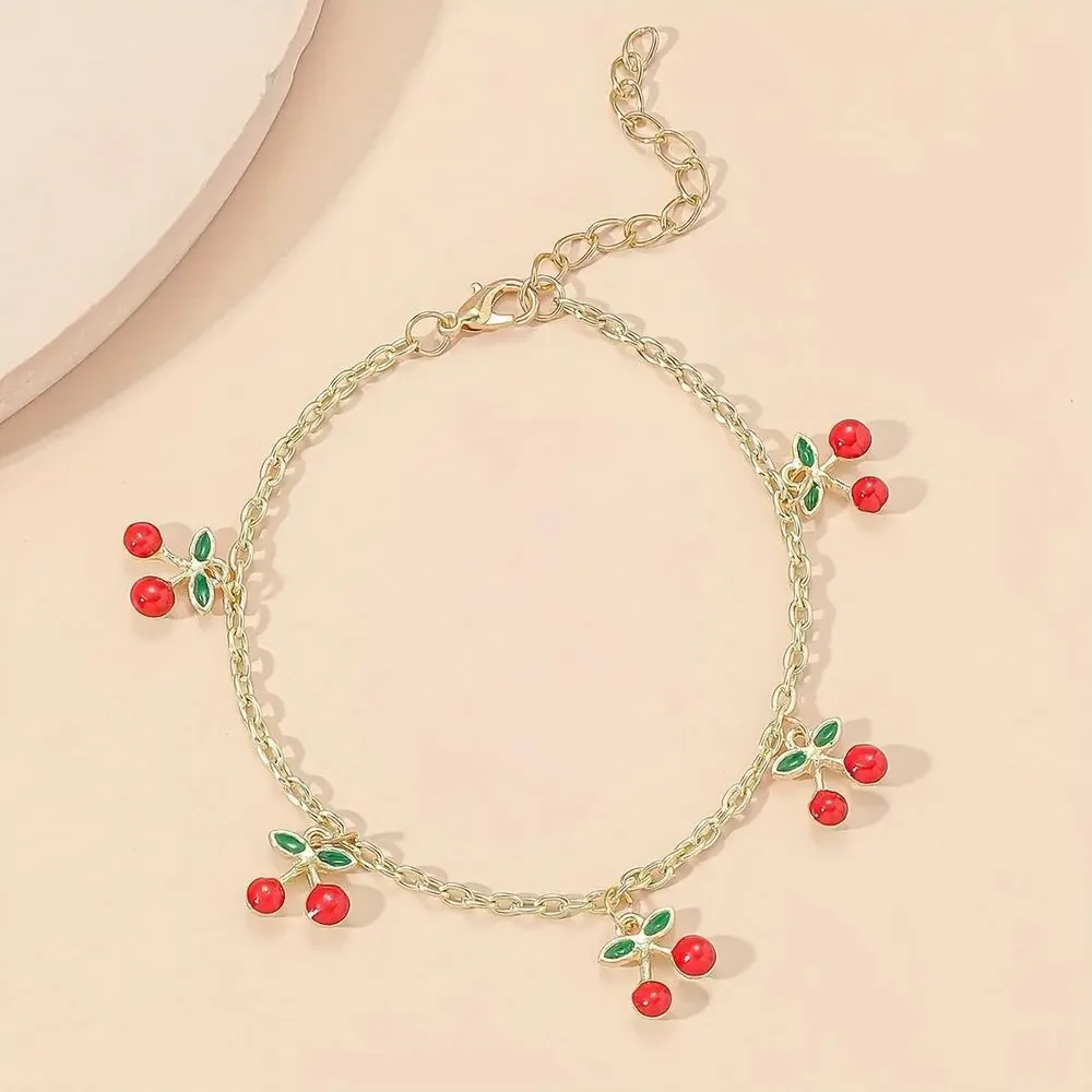NEW Gold Anklet w/ Cherry Charms, Y2K cherry jewelry, Cherry bomb, Retro jewelry - Picture 2 of 4